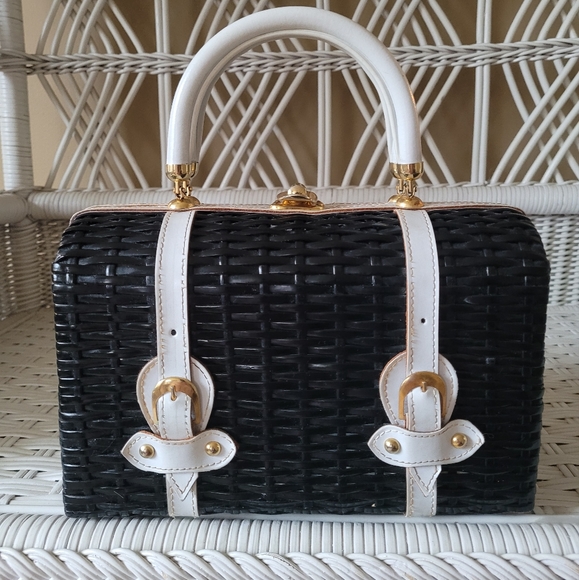 Vintage Handbags - Crown Lewis 50s Vtg wicker black and white  handbag  British  Hong Kong